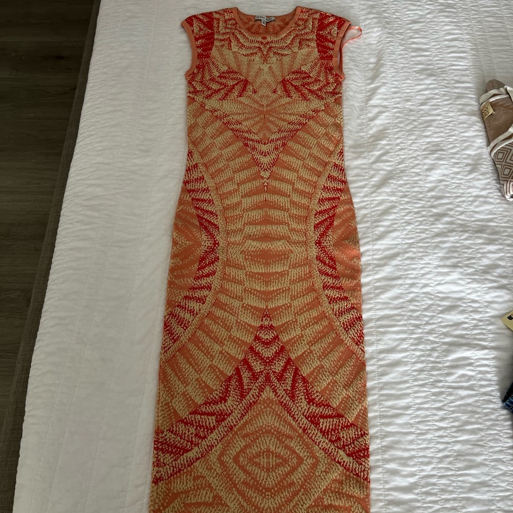 Elegant Red and Orange Patterned Dress/ Ronny Kobo designer